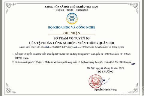 Bộ Khoa học và Công nghệ ghi nhận Viettel hoàn thành cam kết triển khai mạng 5G
